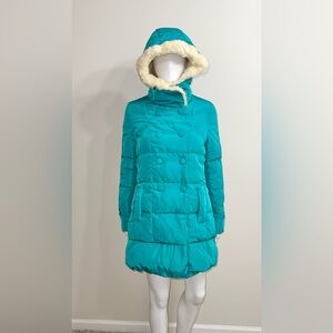 Women Medium Length Teal Blue Hooded Jacket with Faux Fur Trim Down Coat Size M
